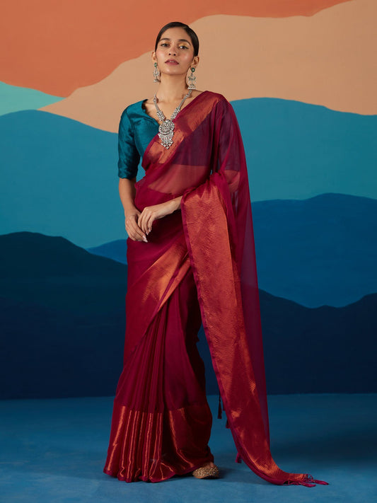 Likha Maroon Georgette Solid Zari Party Wear Saree & Unstitched Blouse LIKSAR44 (Free Size)