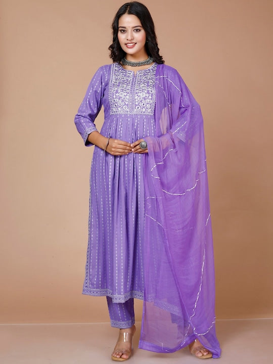 Here&now Women Purple Striped Empire Kurta with Trousers & With Dupatta