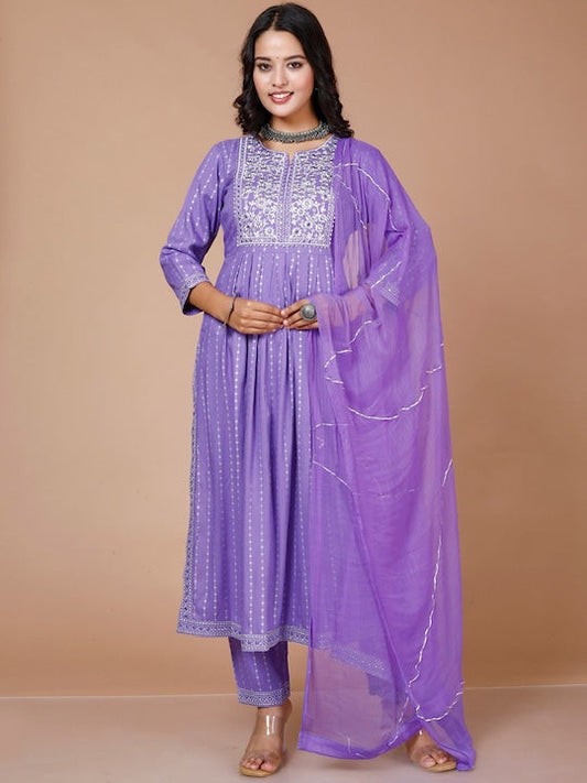 Here&now Women Purple Striped Empire Kurta with Trousers & With Dupatta