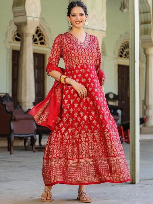 Scakhi Foli Printed V-Neck Silk Fit & Flared Maxi Dress With Dupatta