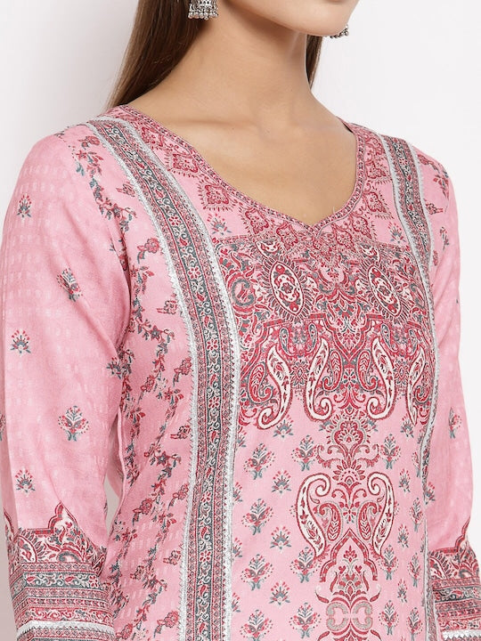 Myshka Women Pink & Red Ethnic Motifs Printed Gotta Patti Winter Kurta