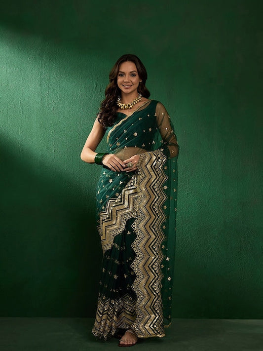 Sangria Ethnic Motifs Embroidered Zari Sequined Saree