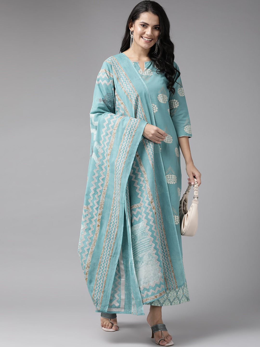 Yufta Women Blue & Off-White Printed Kurta with Palazzos & Dupatta