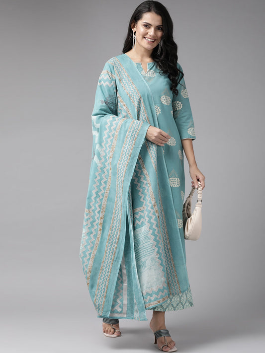 Yufta Women Blue & Off-White Printed Kurta with Palazzos & Dupatta