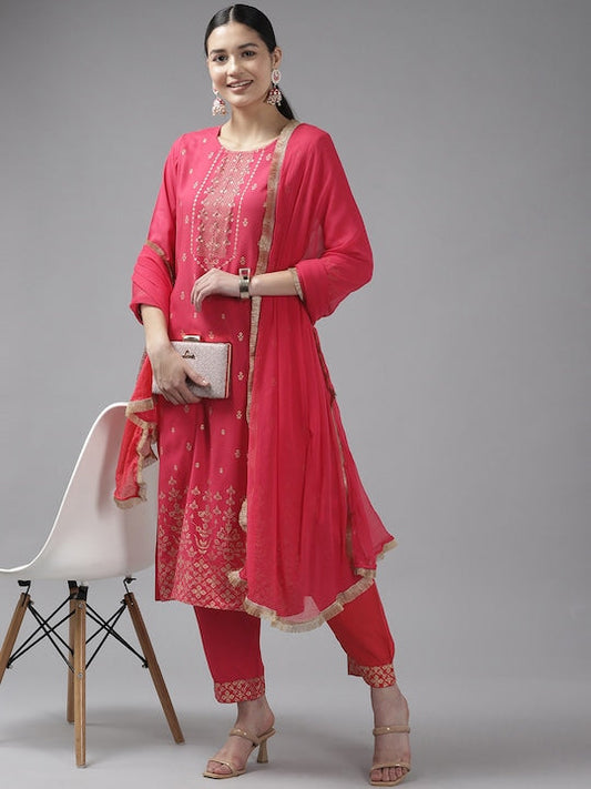 Yufta Women Floral Printed Sequinned Kurta with Trousers & Dupatta