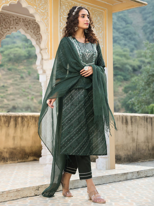 PIROH Womens Bandhej Print Lurex Cambric Cotton Pant Kota Doria Dupatta - Green (Set of 3)