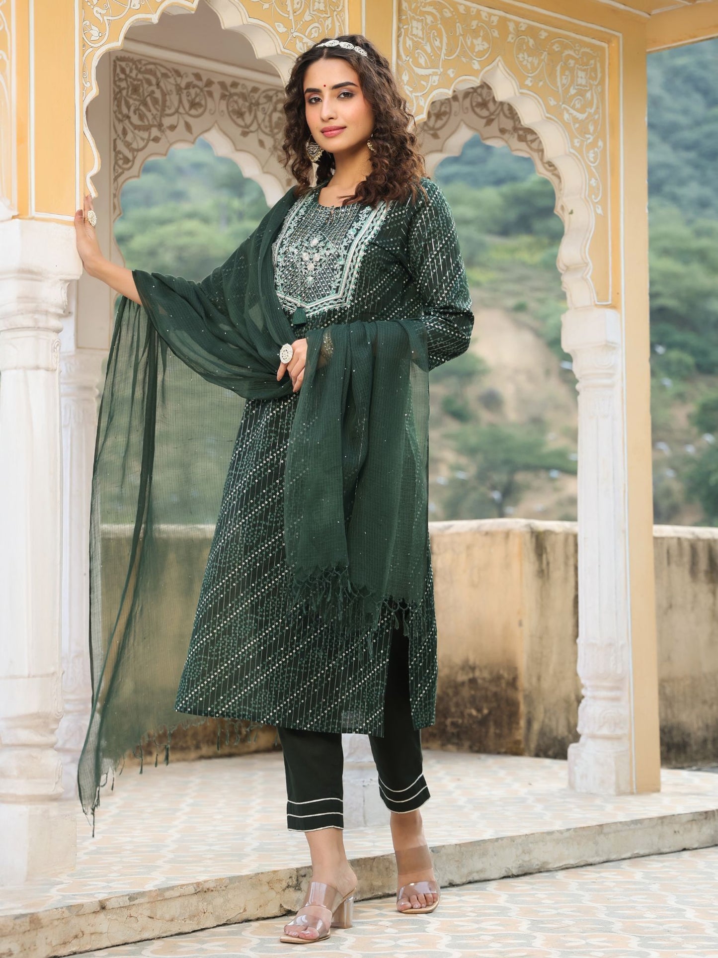 PIROH Womens Bandhej Print Lurex Cambric Cotton Pant Kota Doria Dupatta - Green (Set of 3)