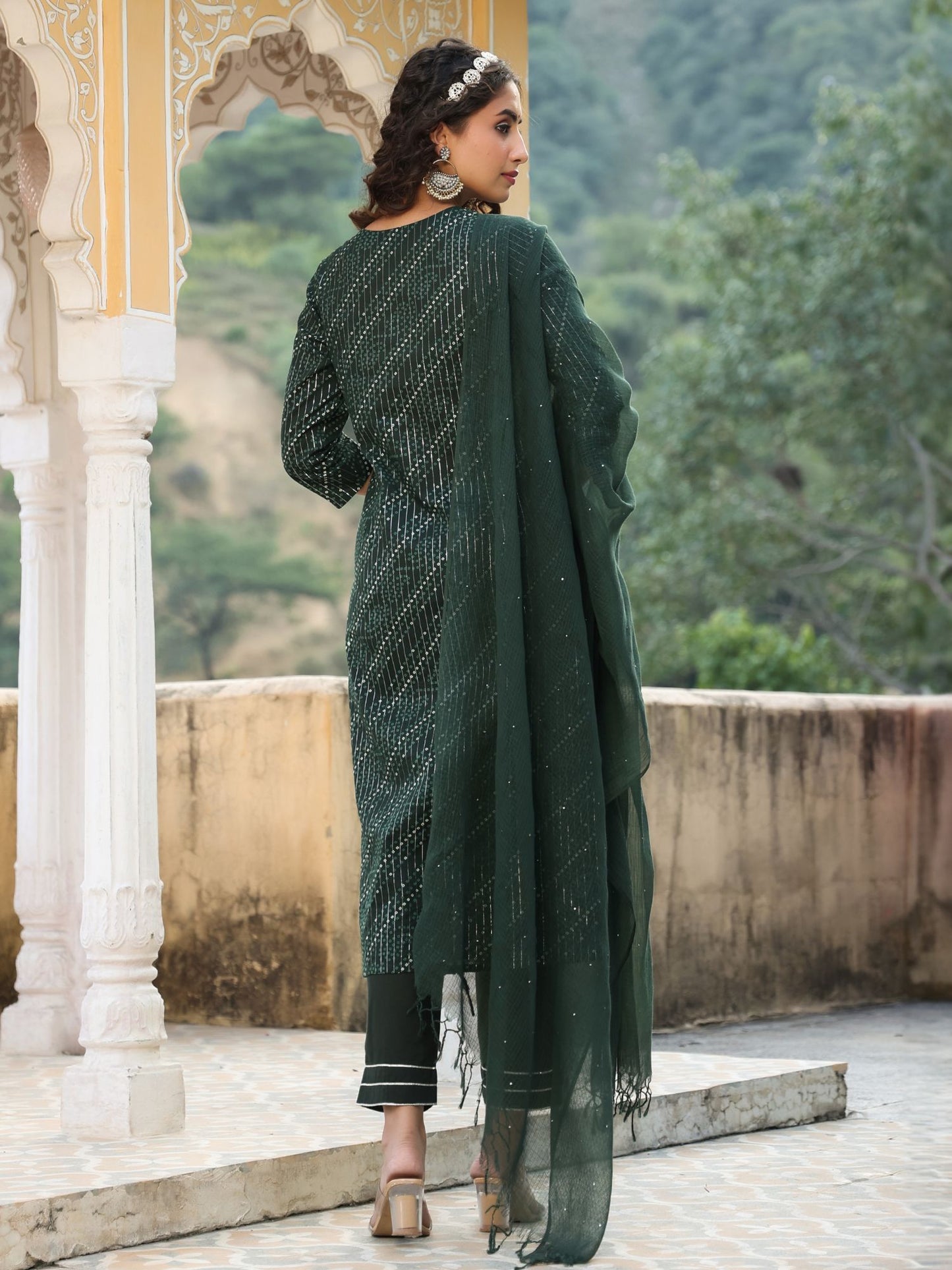 PIROH Womens Bandhej Print Lurex Cambric Cotton Pant Kota Doria Dupatta - Green (Set of 3)