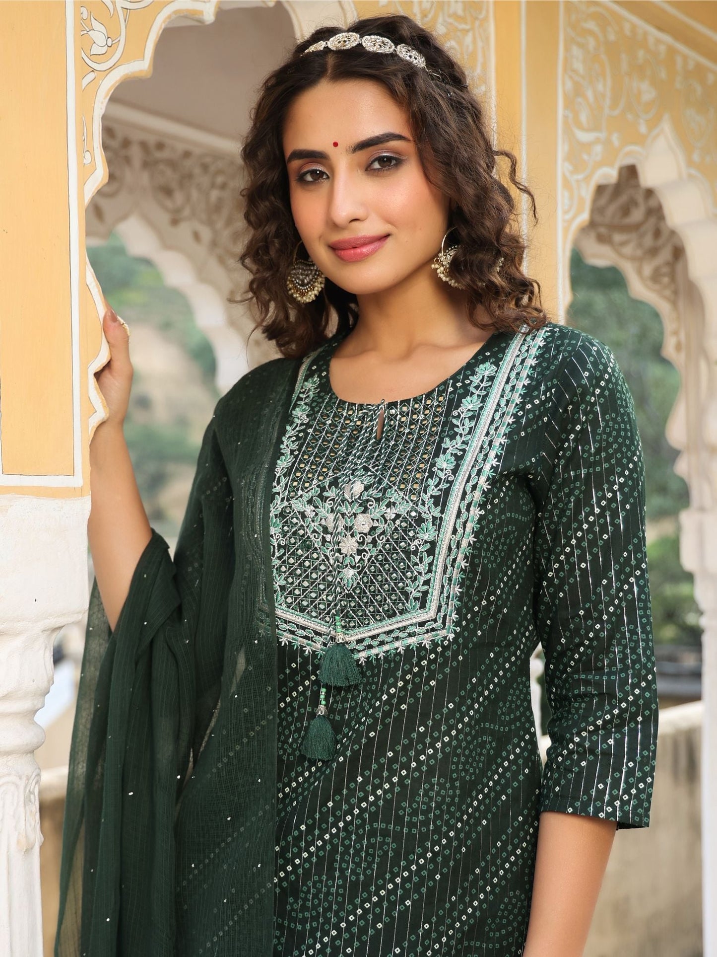PIROH Womens Bandhej Print Lurex Cambric Cotton Pant Kota Doria Dupatta - Green (Set of 3)