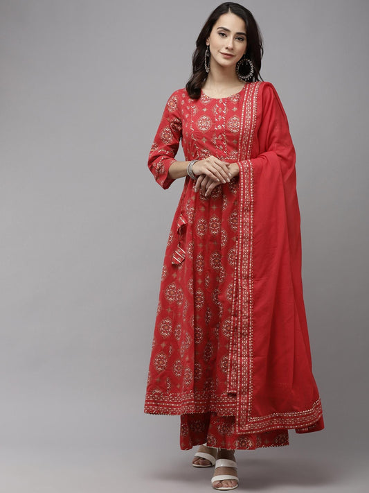 ISHIN Women's Red Embroidered Gota Patti Anarkali Kurta with Palazzo and Dupatta (Set of 3)