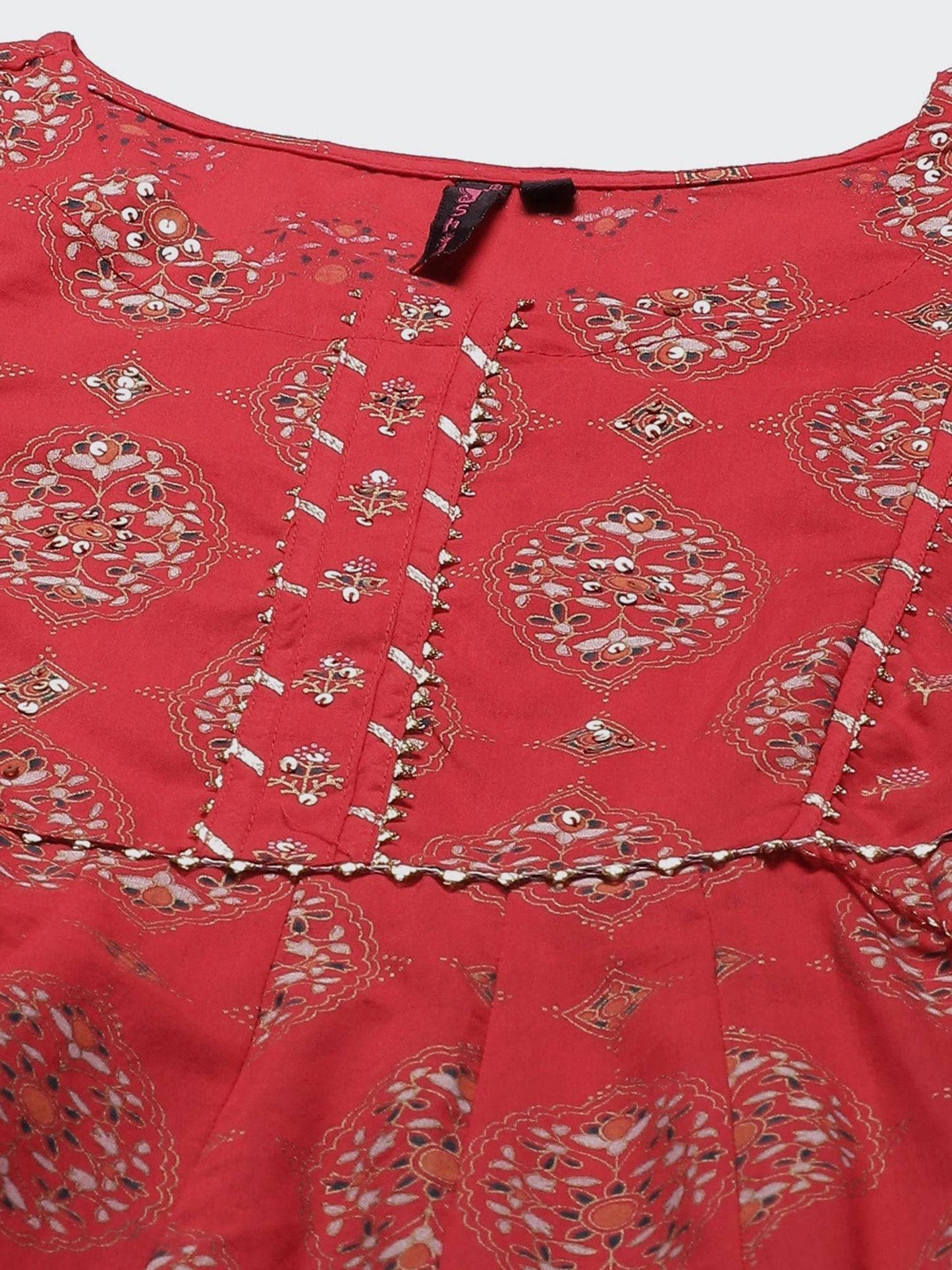 ISHIN Women's Red Embroidered Gota Patti Anarkali Kurta with Palazzo and Dupatta (Set of 3)