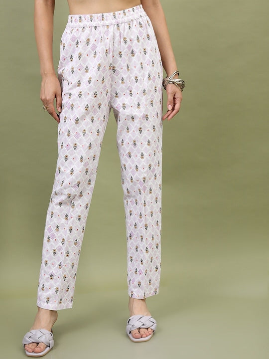 Vishudh Women Mauve Printed Pure Cotton Kurta with Trousers & With Dupatta