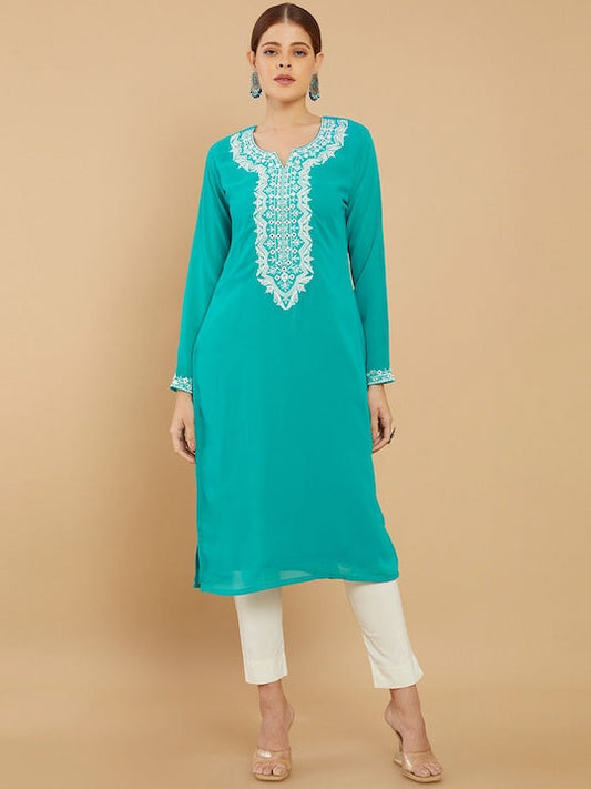 Soch Women Turquoise Blue & White Ethnic Motifs Yoke Design Thread Work Georgette Kurta - S