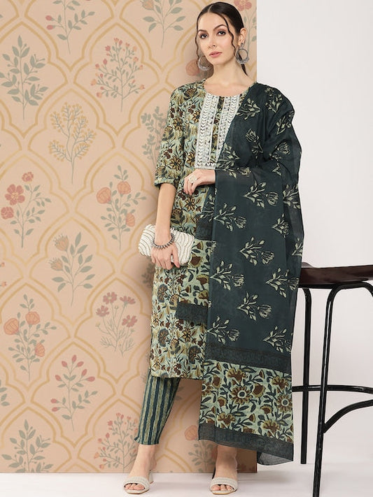 Yufta Women Floral Embroidered Regular Pure With Dupatta Cotton Kurta with Trousers &