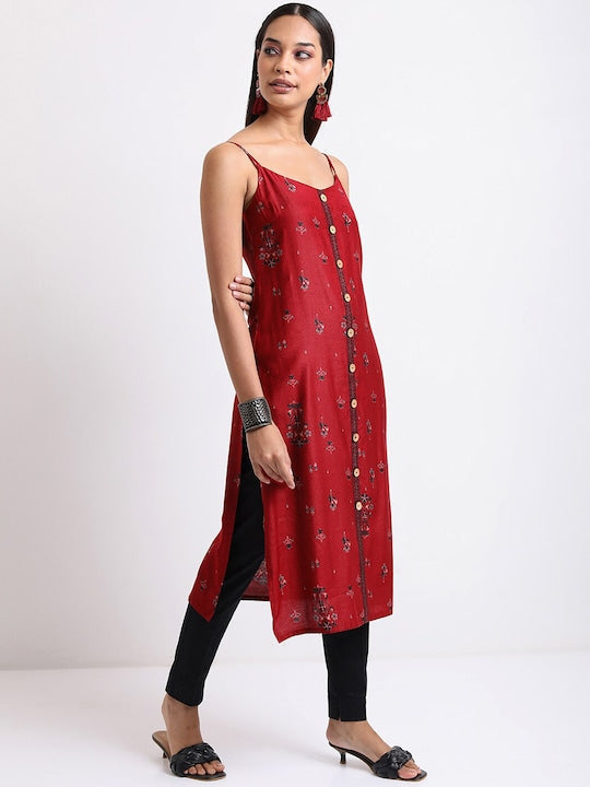Vishudh Red & Navy blue Ethnic Printed Shoulder Straps Kurta