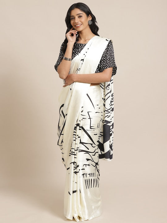 Saree mall Cream-Coloured & Black Printed Saree