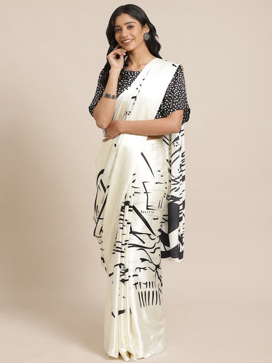 Saree mall Cream-Coloured & Black Printed Saree