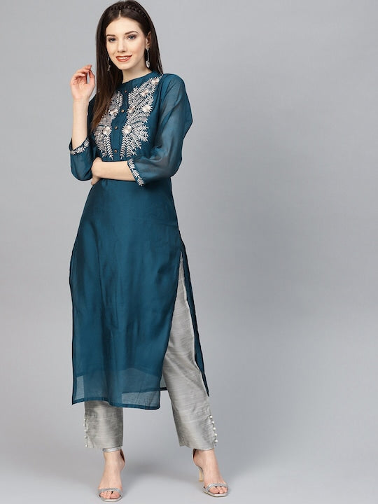 Varanga Women Navy Blue & Grey Ethnic Motifs Embroidered Handloom Kurta with Palazzos