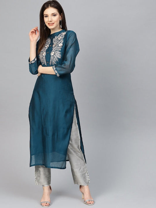 Varanga Women Navy Blue & Grey Ethnic Motifs Embroidered Handloom Kurta with Palazzos