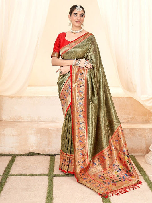 Satrani Woven Design Zari Tissue Paithani Saree with Tassels
