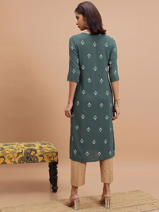 Vishudh Olive Green Floral Printed Keyhole Neck Straight Kurta