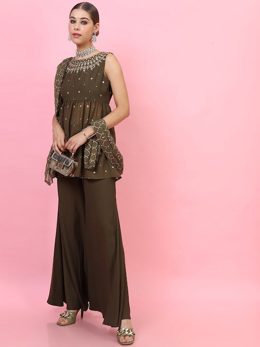 Vishudh Women Olive Green Embroidered Pleated Kurti with Palazzos & With Dupatta