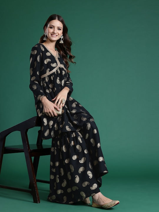 Sangria Paisley Printed Empire Kurta with Sharara