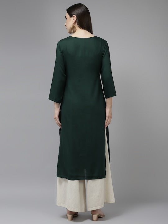Yufta Women Green & Gold Ethnic Motifs Yoke Design Mirror Work Straight Kurta