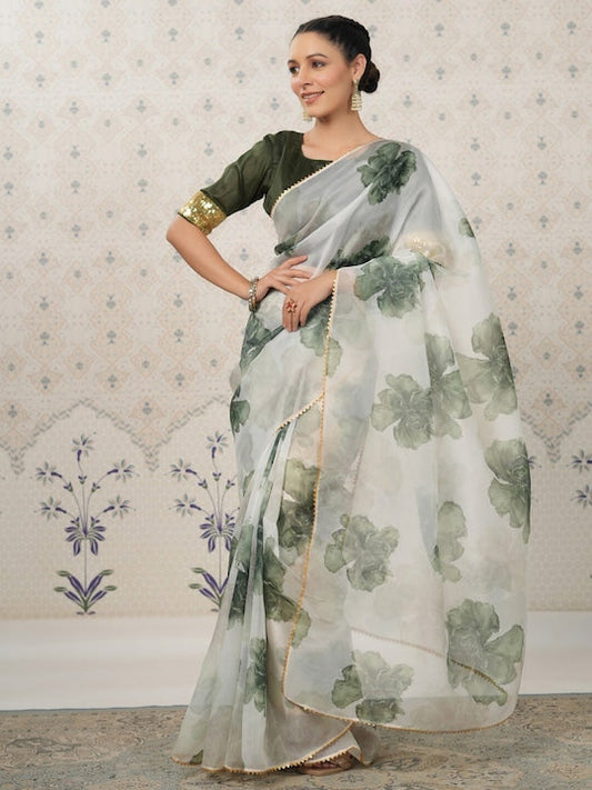 House of Pataudi Floral Gotta Patti Organza Saree