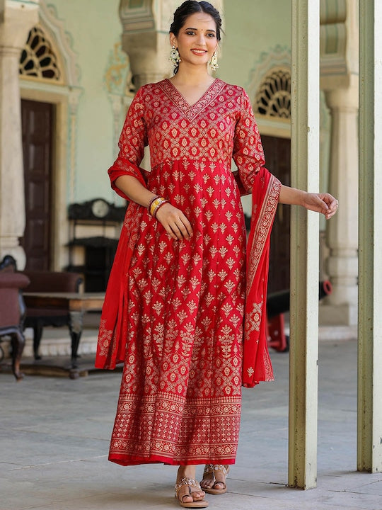 Scakhi Foli Printed V-Neck Silk Fit & Flared Maxi Dress With Dupatta