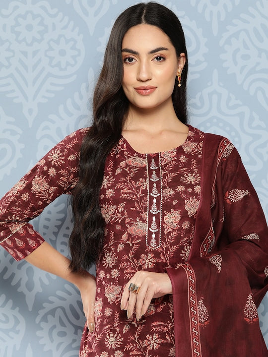 Yufta Floral Printed Regular Gotta Patti Pure Cotton Kurta with Trousers & Dupatta
