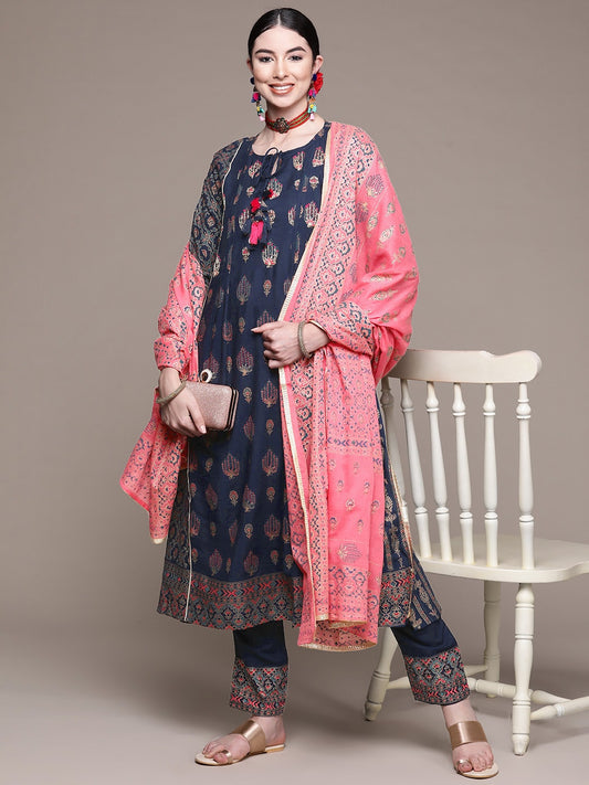 Anubhutee Women Navy Blue Floral Thread Work Kurta with Palazzos & With Dupatta