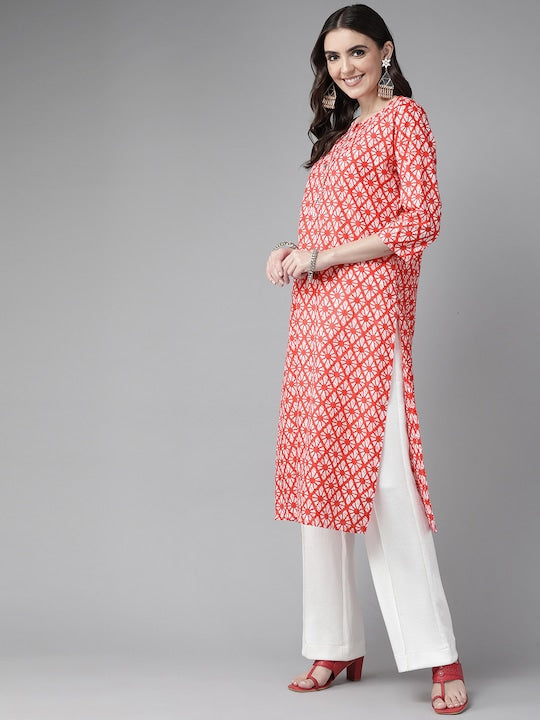 Yufta Women Coral Pink & White Ethnic Motifs Print Pure Cotton Straight Kurta