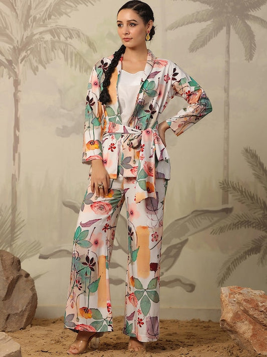 Scakhi Floral Printed Blazer & Palazos With Camisole