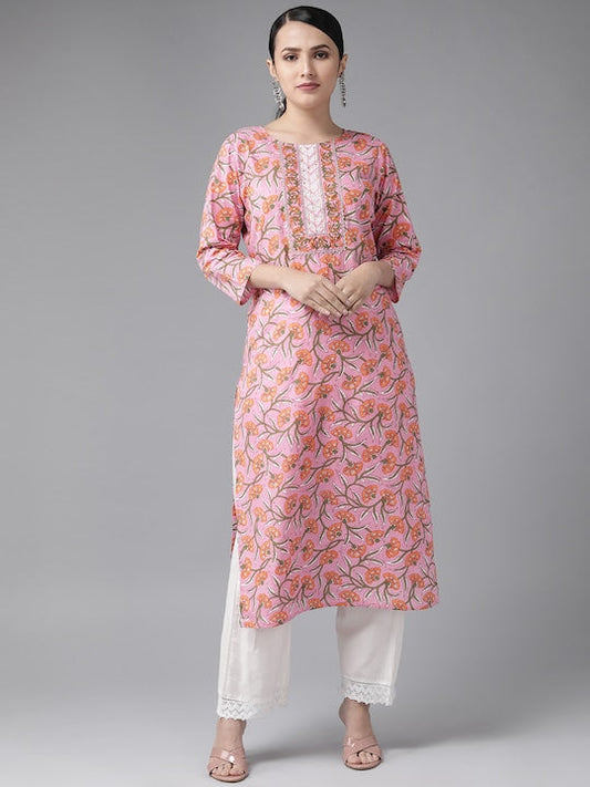 Yufta Women Pink Floral Printed Straight Kurta - S