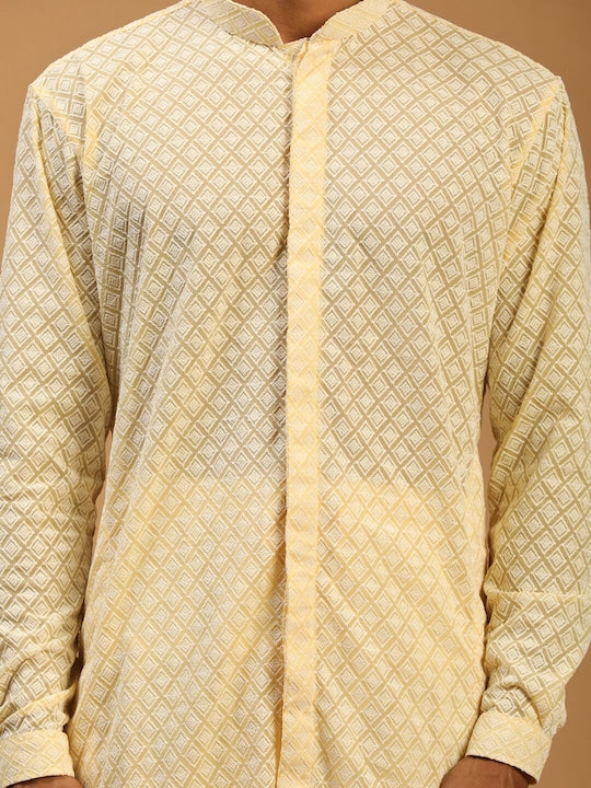 Vastramay Geometric Embroidered Mandarin Collar Chikankari Kurta With Pyjamas