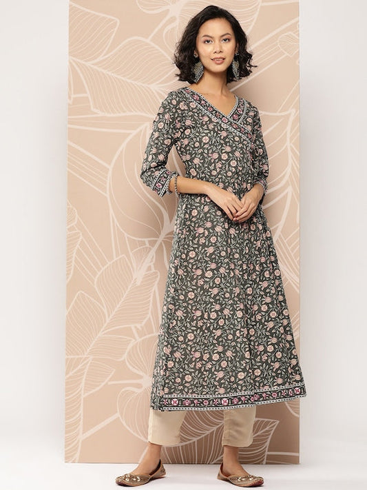 Yufta Floral Printed Anarkali Cotton Kurta