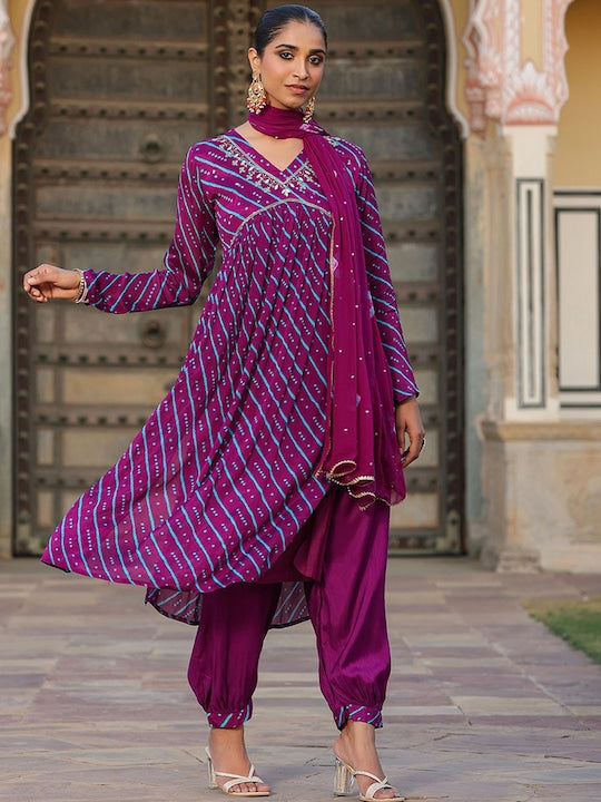 Scakhi Bandhani Printed Beads & Stones Pleated A-Line Kurta With Patiala & Dupatta