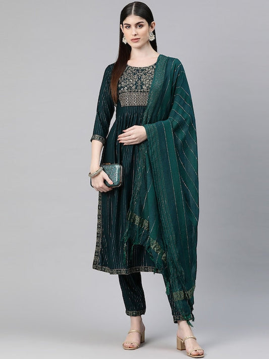 Readiprint Fashions Embroidered Pleated Sequinned Kurta with Trousers & Dupatta