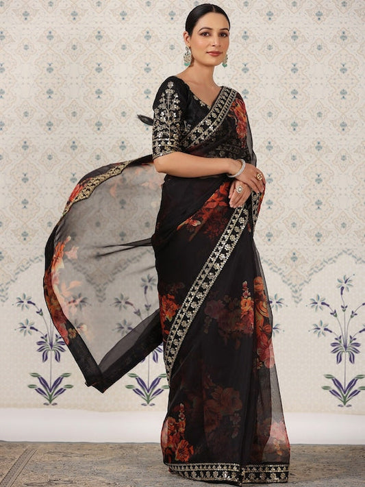 House of Pataudi Floral Embroidered Organza Saree