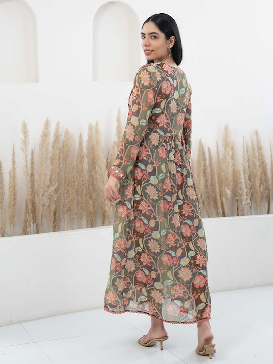 Myshka Floral Printed Lace Inserts Georgette Fit & Flare Ethnic Dress