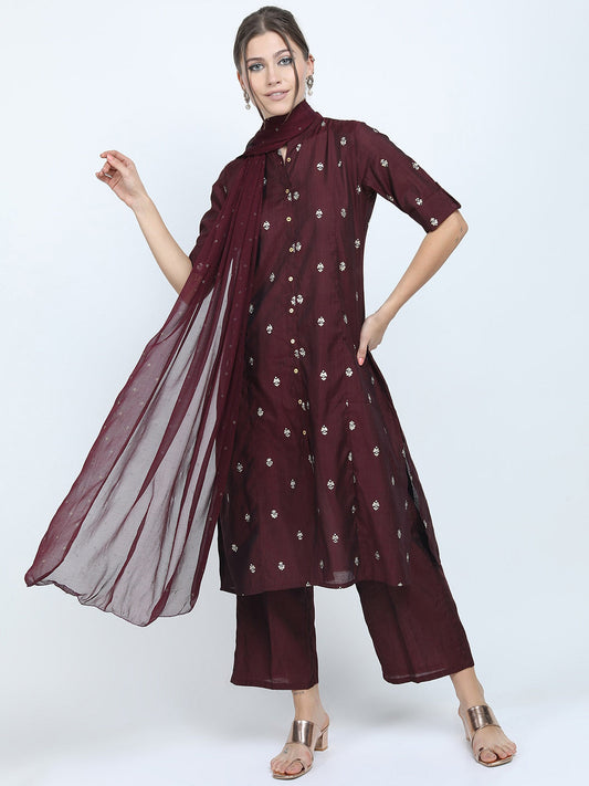 Vishudh Women Maroon Floral Printed Kurta with Trousers & Dupatta