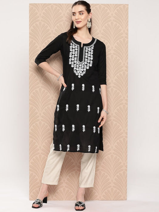 Yufta Floral Embroidered Chikankari Pure Cotton Kurta