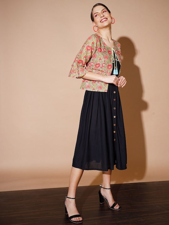 Myshka Floral A-Line Midi Dress With Jacket