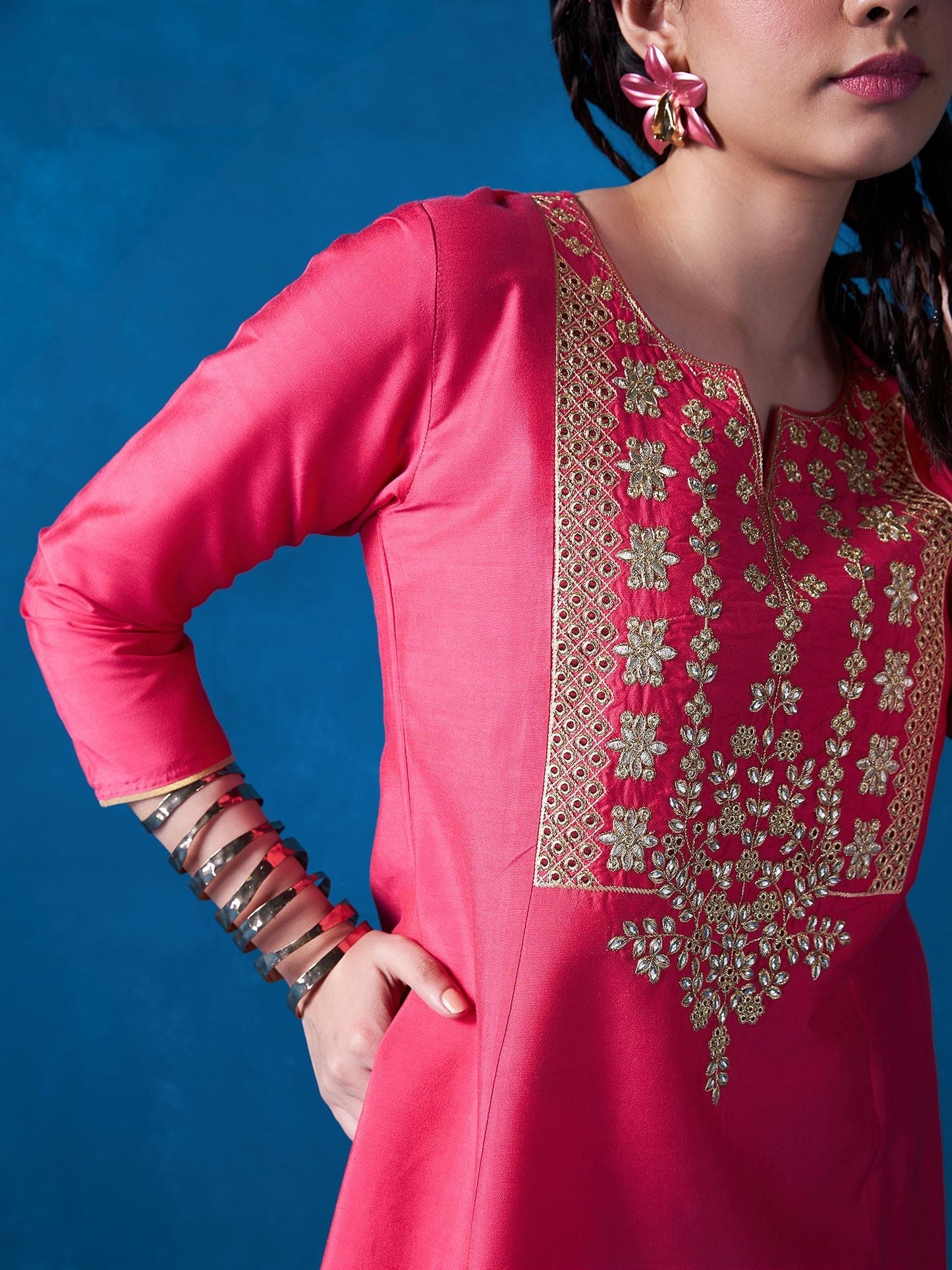 Likha Fuchsia Straight Kurta with Embroidered Floral Buttis