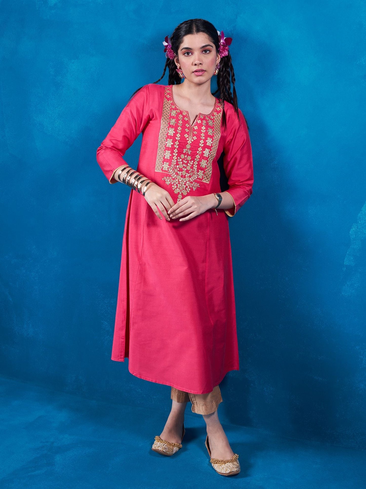 Likha Fuchsia Straight Kurta with Embroidered Floral Buttis