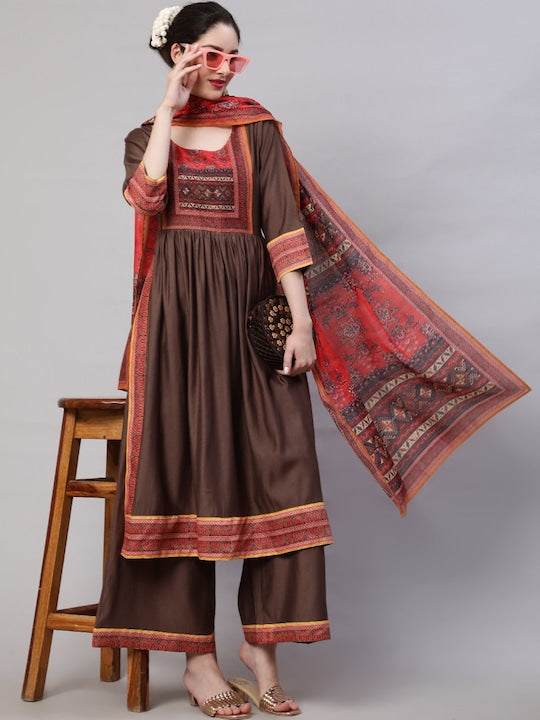 AKS Ethnic Motifs Printed A-line Kurta With Palazzos & Dupatta