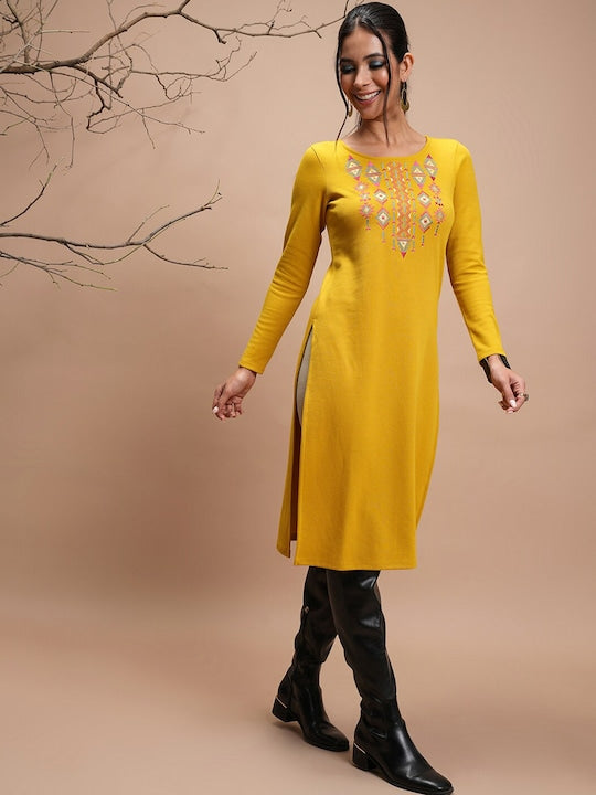 Vishudh Mustard Yellow Ethnic Motif Embroidered Winter Straight Kurta