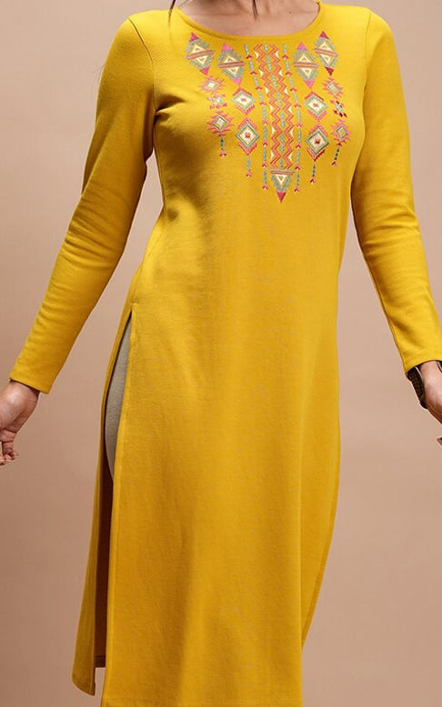 Vishudh Mustard Yellow Ethnic Motif Embroidered Winter Straight Kurta