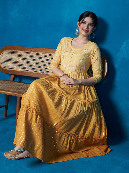 Likha Yellow Stripes Hand Embroidered Bead Work Tiered Dress